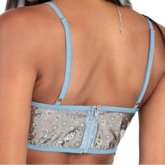 Dolls Kill Holographic Love Hearts Rave Vinyl Cropped Corset Top - Picture 3 of 4